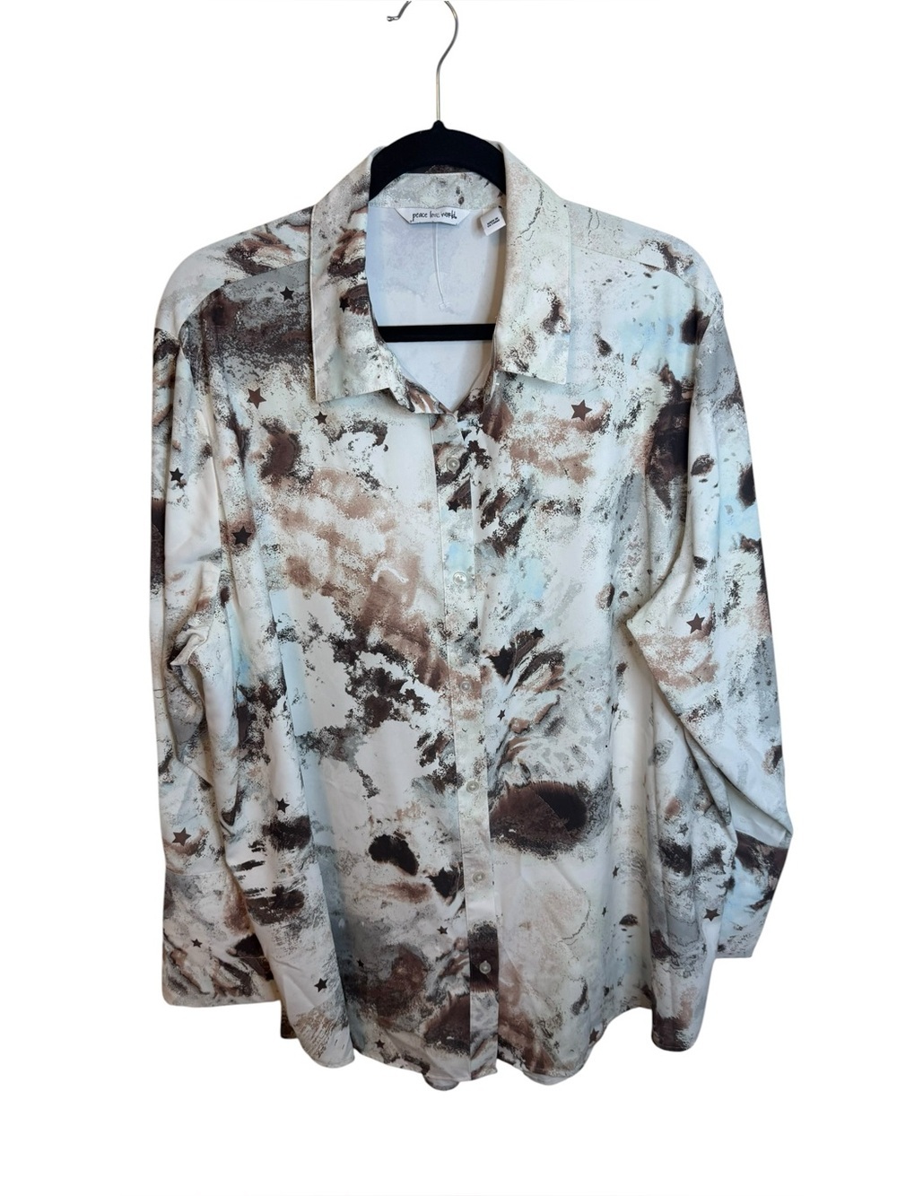 Peace Love World Beige & Brown Whimsical Abstract Star Button Down Shirt